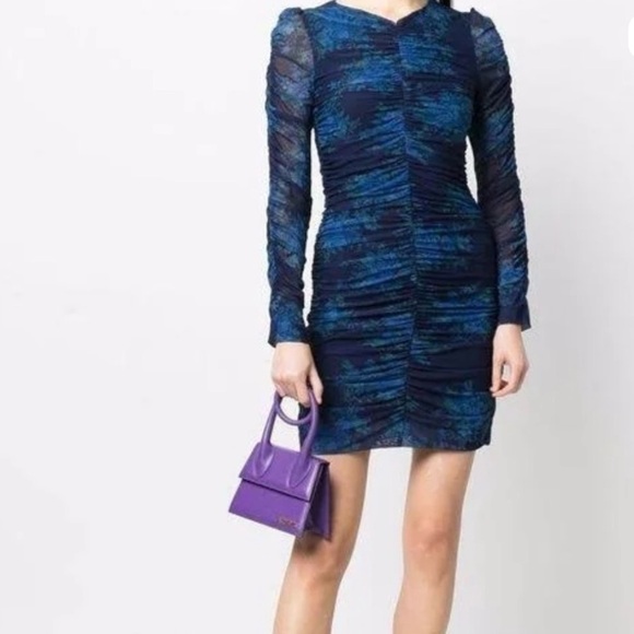 Ganni Dresses & Skirts - GANNI Sky Captain Blue Floral Long Sleeve Ruched Stretch Mesh Dress NWT EU38 USM